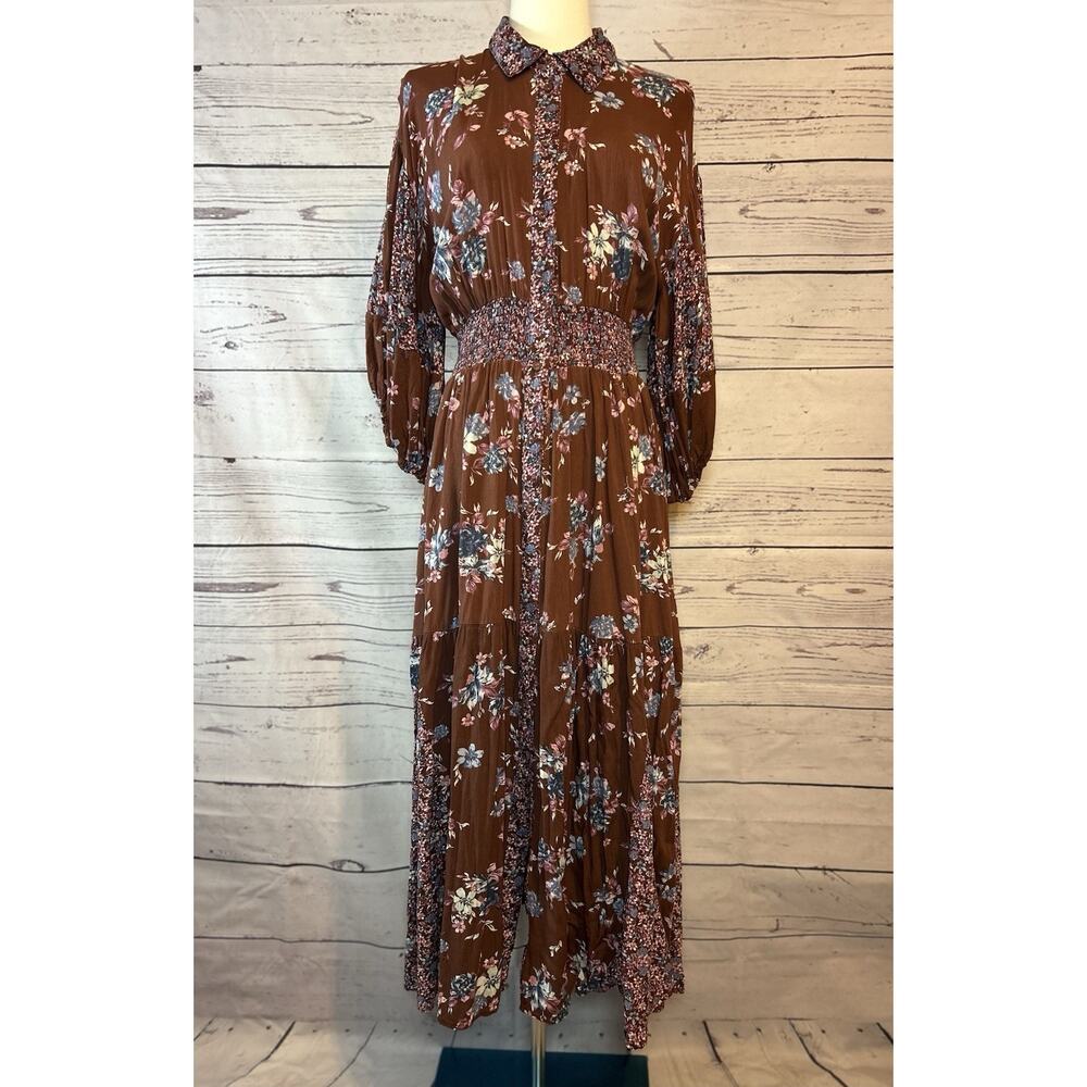 Free People Prairie Punk Maxi Shirtdress Medium Brown Floral Button Front